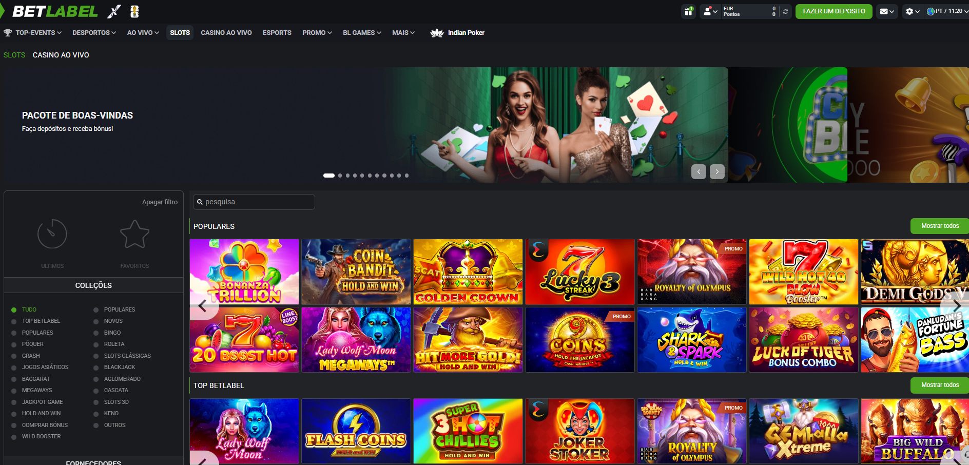 Página de slots do BetLabel com coleções detalhadas e as filas Populares e Top BetLabel