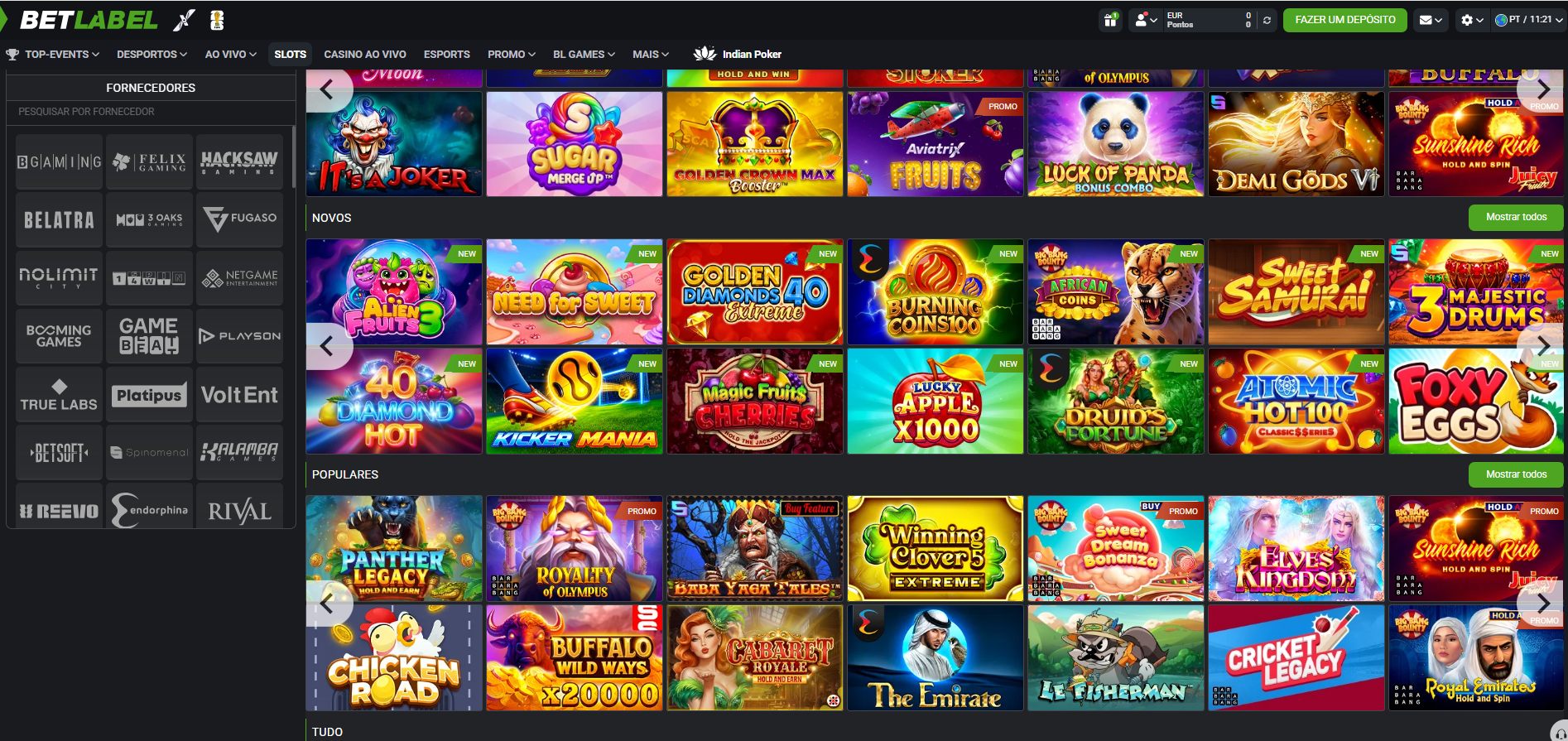 Secção de slots do Betlabel com a sidebar Fornecedores — BGaming, Hacksaw, Nolimit City, Betsoft e mais estúdios visíveis
