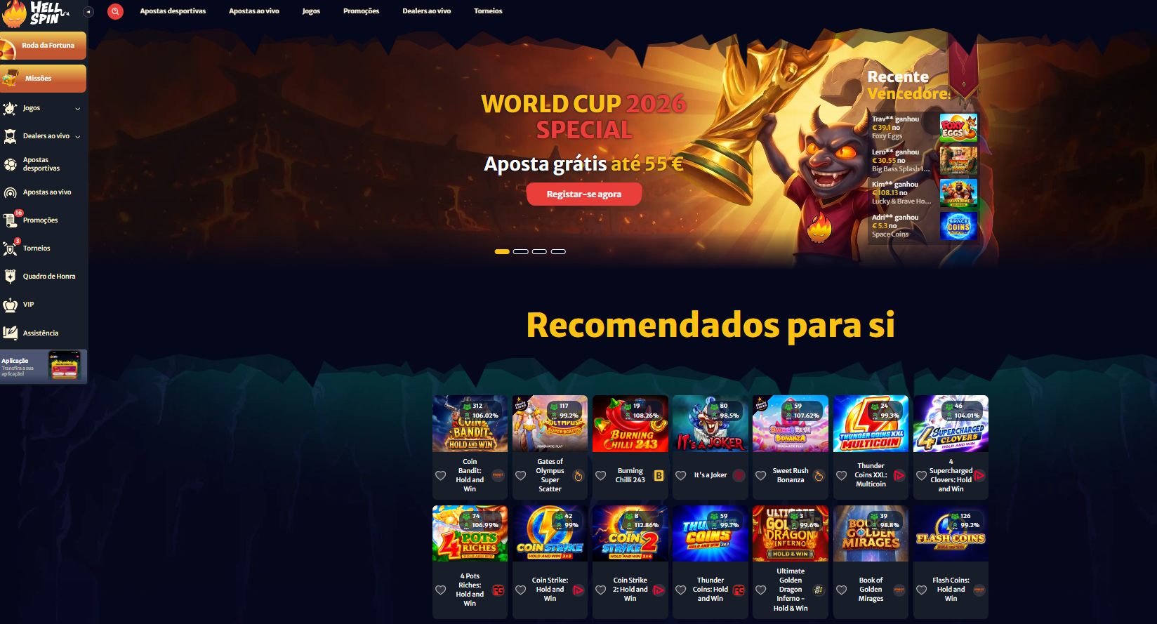 Homepage do HellSpin com tema de fogo, promoção World Cup 2026 e grelha Recomendados para si com RTP em cada jogo