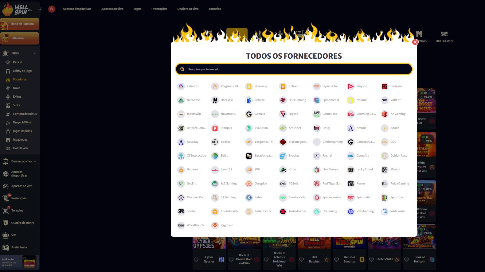 Modal Todos os Fornecedores do HellSpin com a lista completa de estúdios, de Pragmatic Play a Yggdrasil