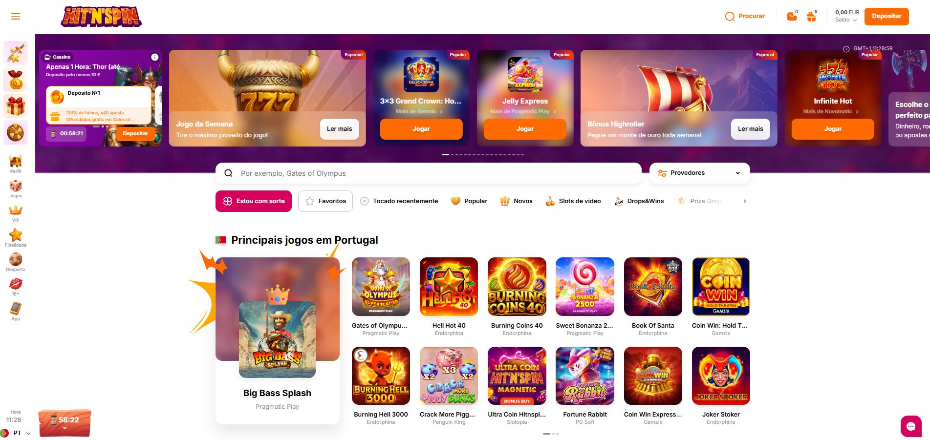 Homepage do HitNSpin com a secção Principais jogos em Portugal e carrossel de promoções
