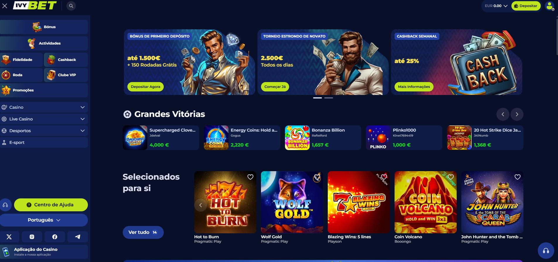Homepage do IvyBet com três banners: bónus de primeiro depósito, torneio diário de 2.500 euros e cashback semanal