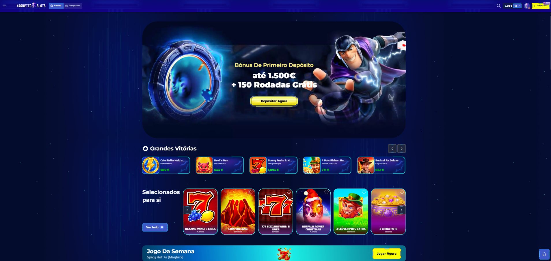 Homepage do Magnetic Slots com hero de super-herói magnético e ticker de vitórias com Book of Ra Deluxe