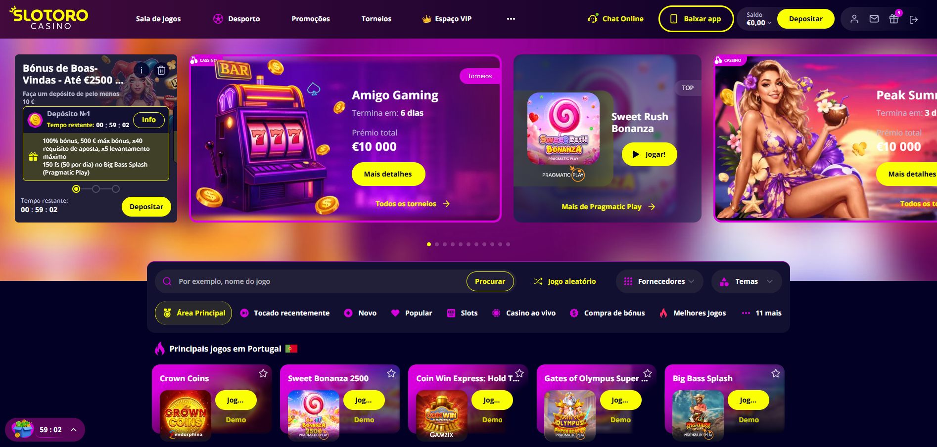 Homepage do Slotoro com o widget do bónus de boas-vindas, torneios e grelha de jogos populares em português