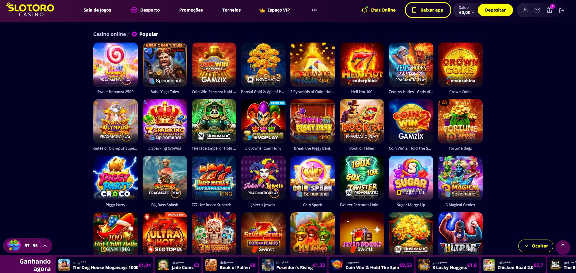 Lobby Popular do Slotoro com 32 slots e o ticker Ganhando agora com vitórias reais de jogadores em euros