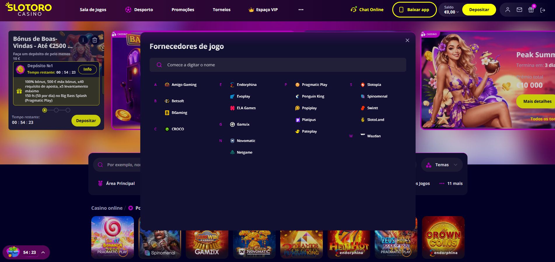 Modal Fornecedores de jogo do Slotoro com lista alfabética de 20 estúdios, de Amigo Gaming a Wazdan