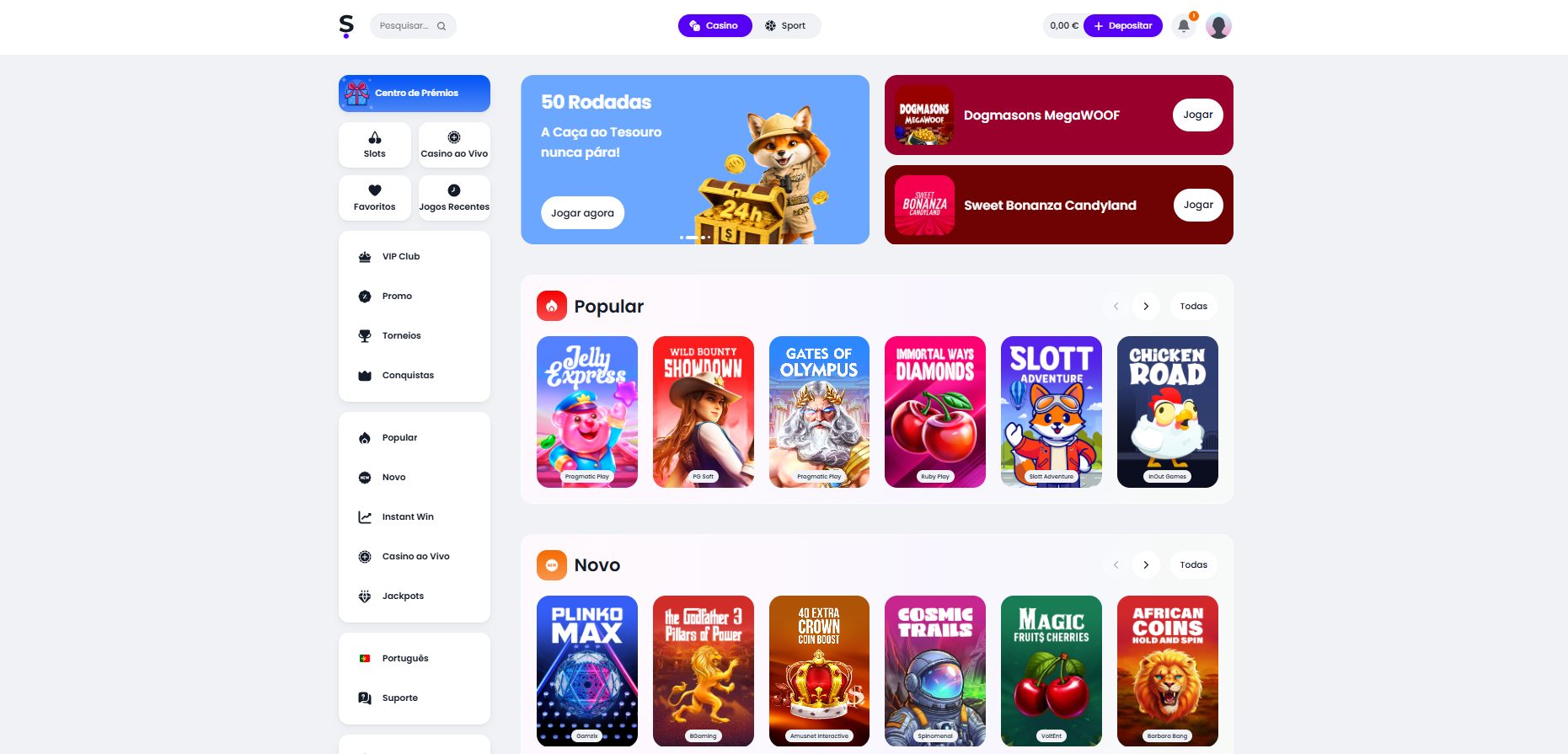 Homepage do Slott em modo claro com a slot própria Slott Adventure e as secções Popular e Novo