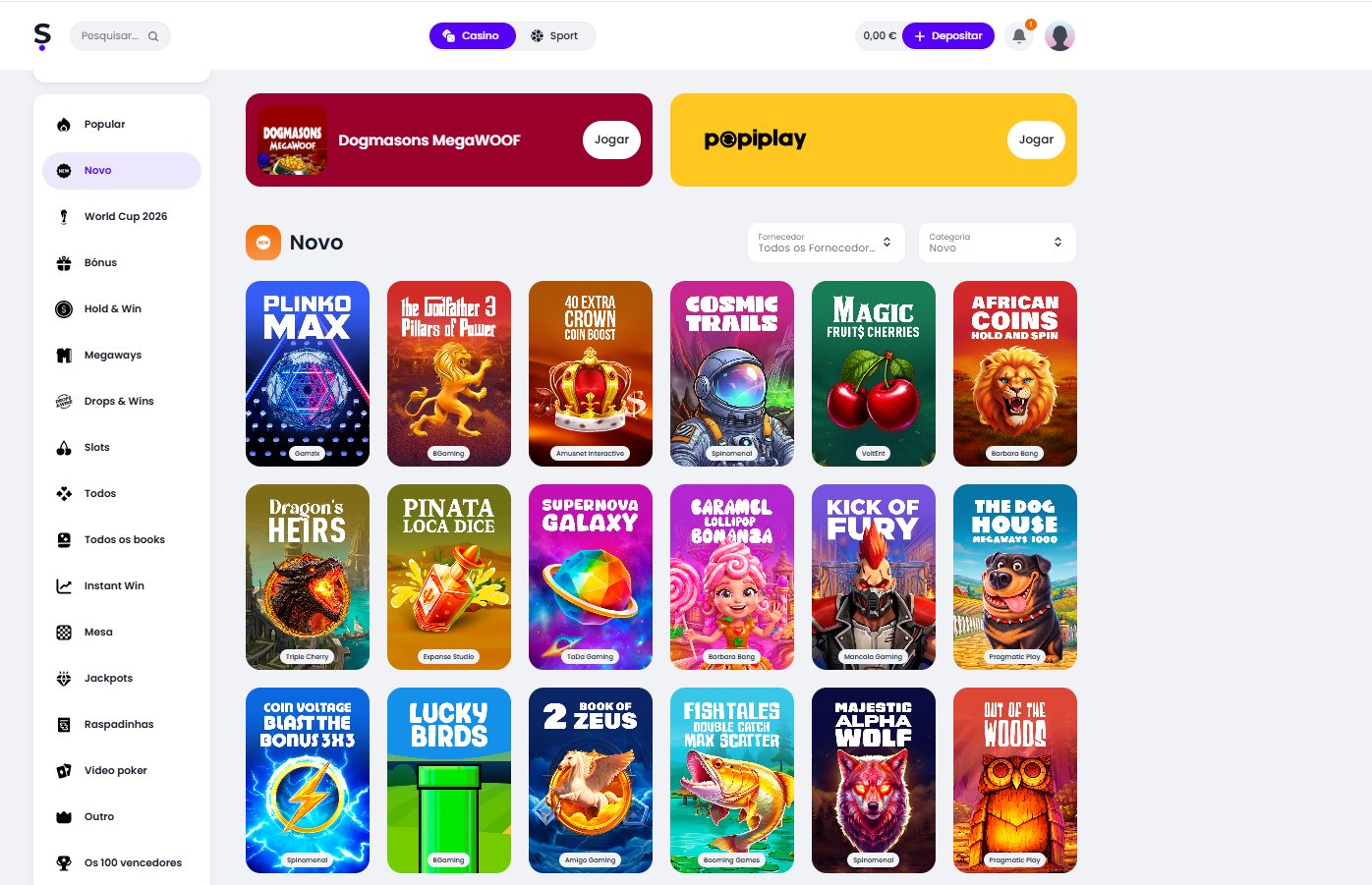 Página Novo do Slott com 18 lançamentos recentes e sidebar com categorias World Cup 2026, Raspadinhas e Video poker