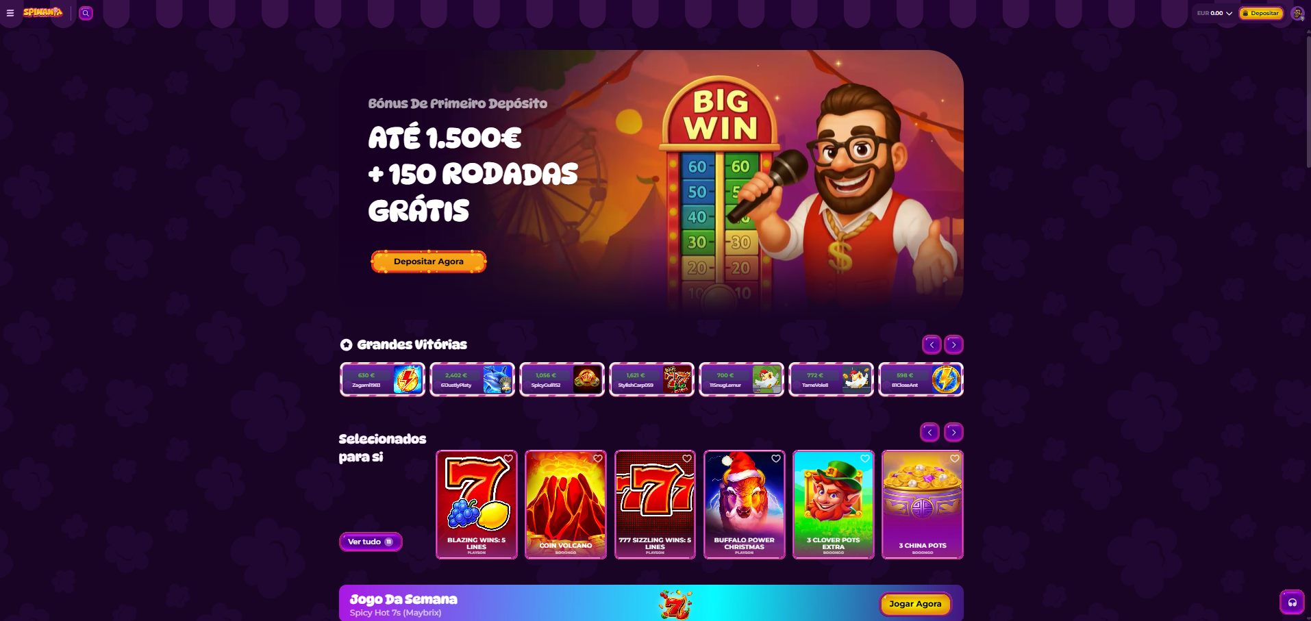 Homepage do Spinania com o bónus de 1.500 euros, ticker de grandes vitórias e jogos Playson e Booongo