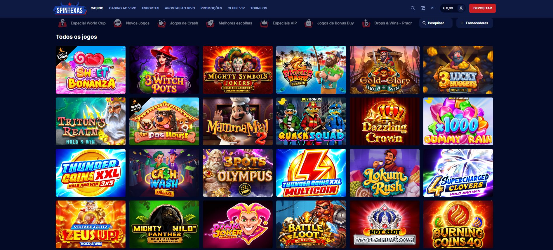 Página Todos os jogos do Spintexas com grelha de 24 slots — Sweet Bonanza, Bigger Bass Bonanza, The Dog House e categoria Especial World Cup