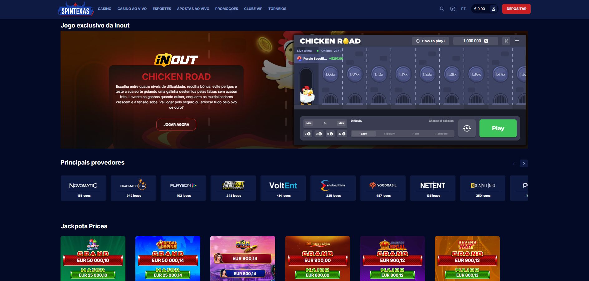 Secção Principais provedores do Spintexas com contagem de jogos por estúdio e jackpots Clover Chance com valores em ecrã
