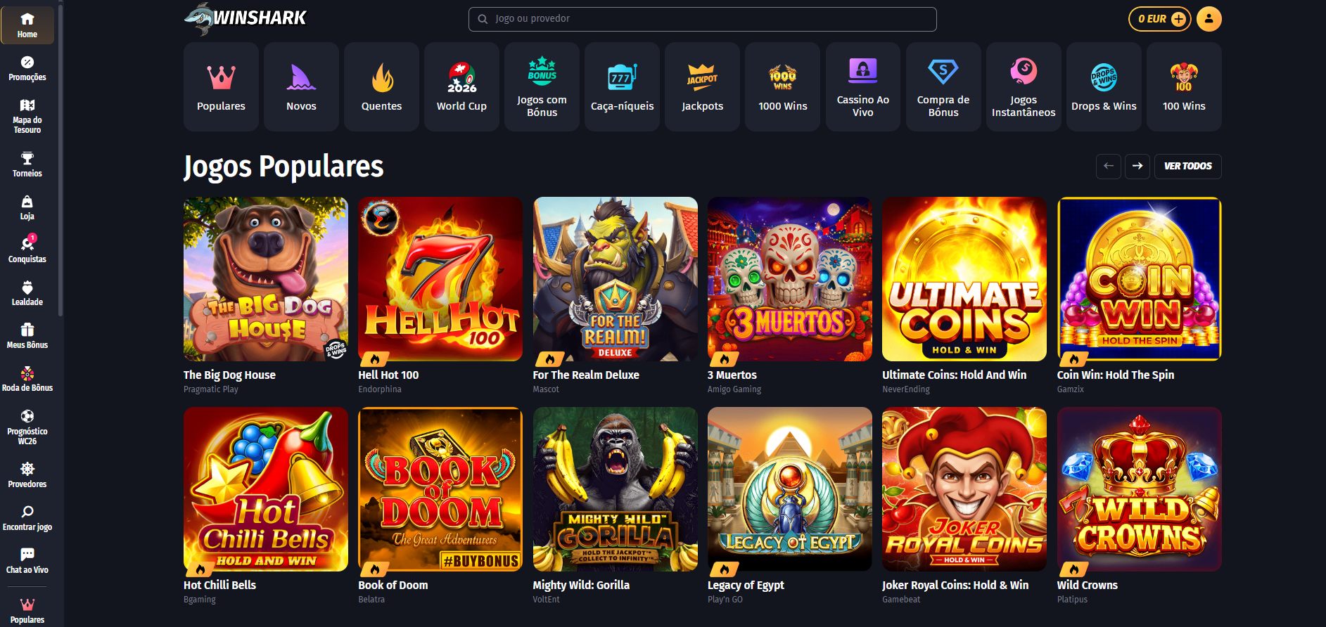 Homepage do WinShark com Mapa do Tesouro, Roda de Bónus e a secção de jogos populares